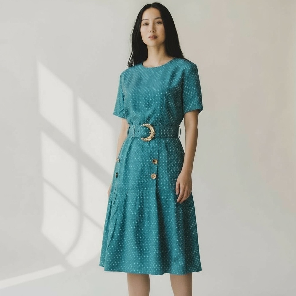 Vintage 90’s Teal Polka Dot Belted Dress “Blondie and Me” NWT​